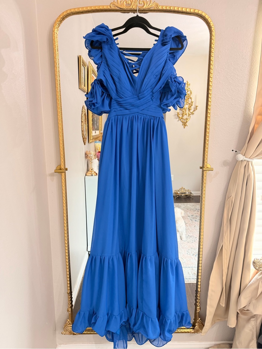 Laurence Kazar Blue Ruffle-Sleeve Maxi Skirt